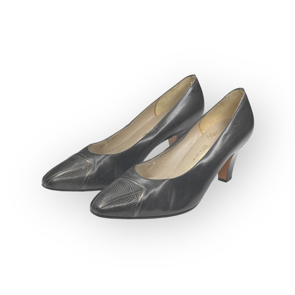 Vintage: Ferragamo x SFA ❀ Inset Croc Embossed Kitten Heel Pumps ❀ Slate Leather - Picture 7 of 16